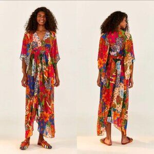 FARM Rio Pink Orange Blue Sunny Mix Print Patchwork Sheer Asymmetric Maxi Dress